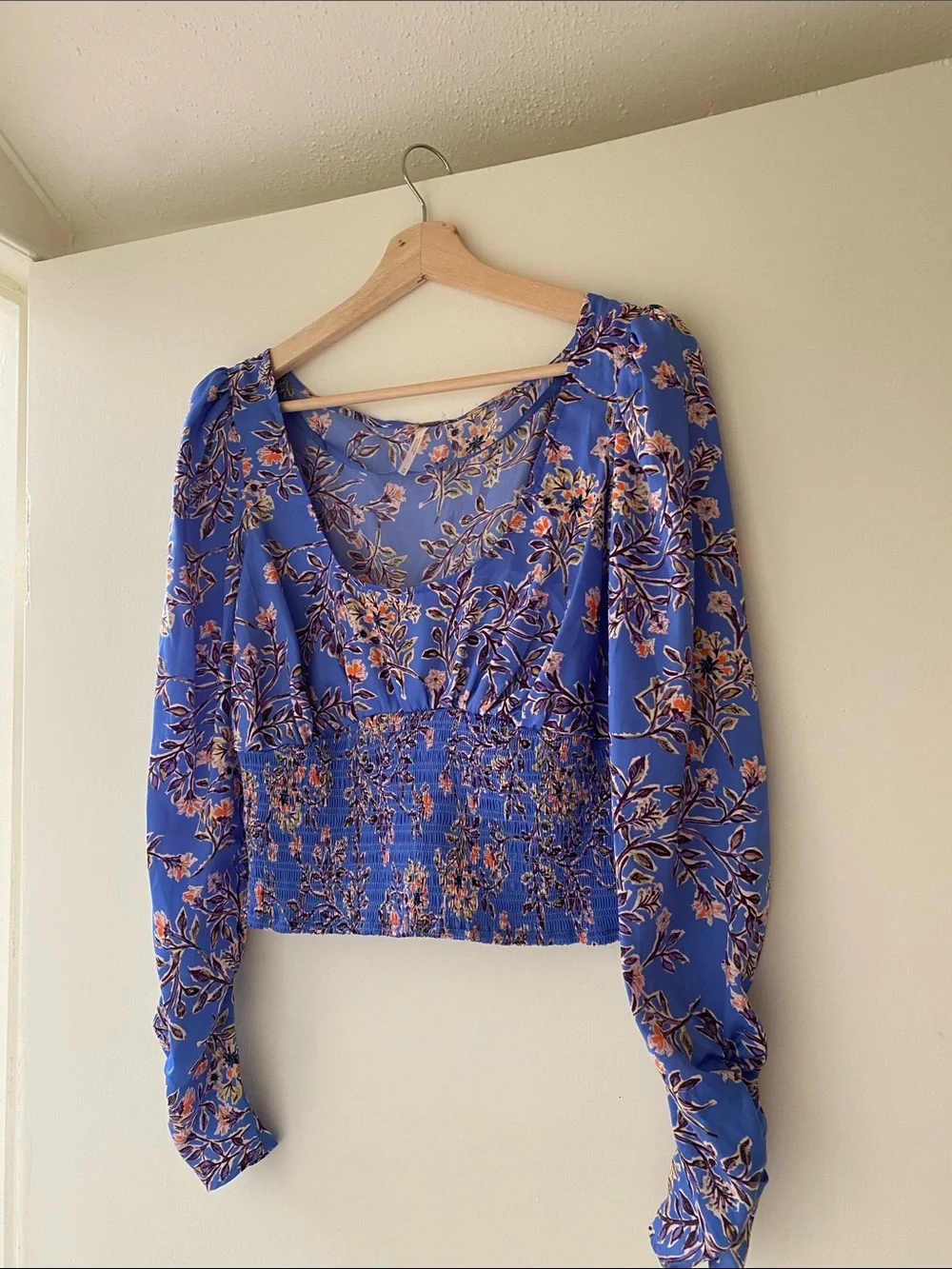 Free People Blue Floral Smocked-Waist Blouse